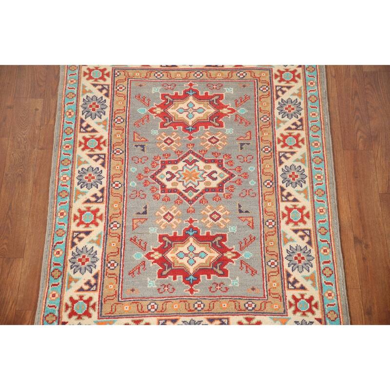 Geometric Grey Kazak Foyer Rug Handmade Traditional Wool Carpet - 2'7" x 3'10"