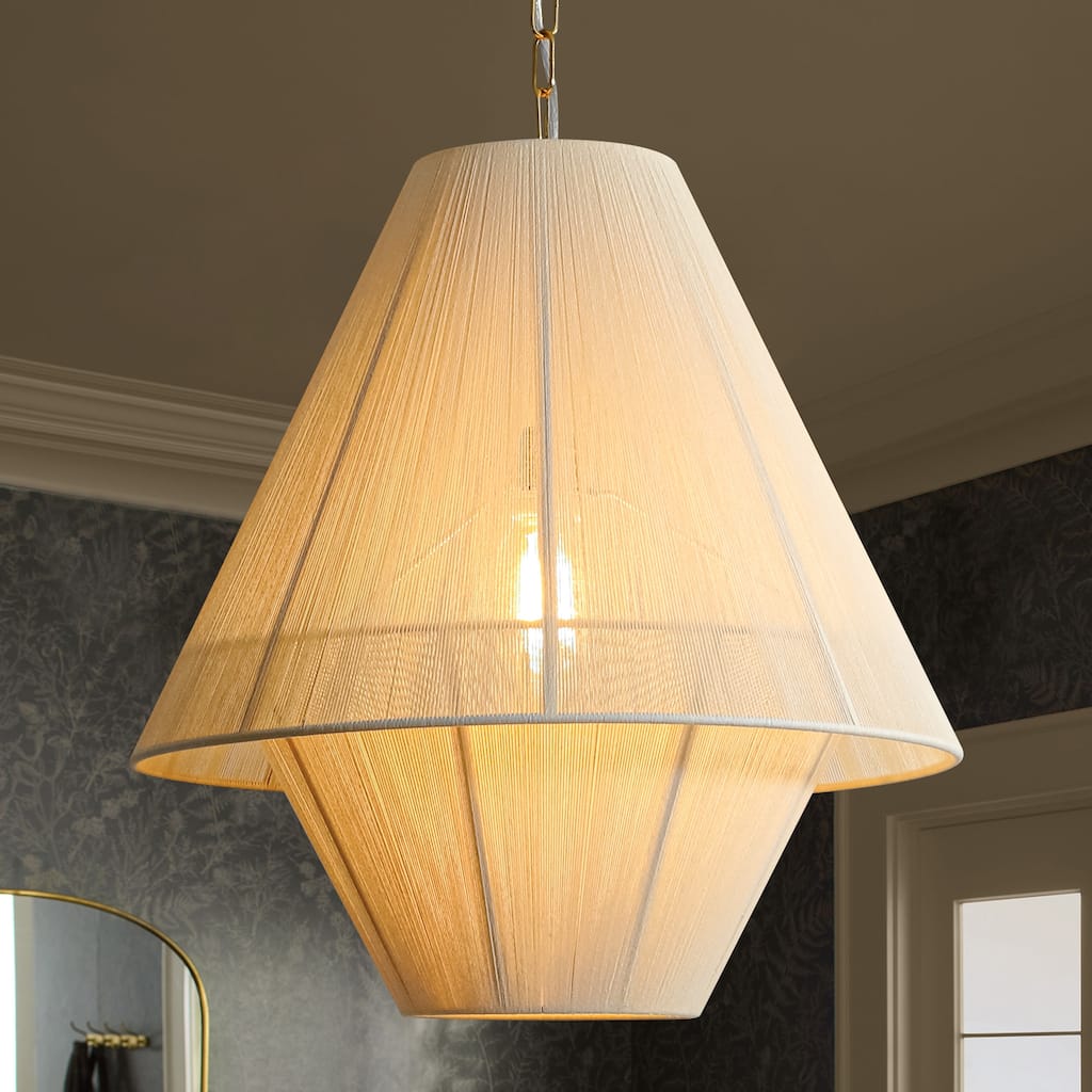 1-Light Boho Coastal Tiered Beige Cone-Shaped Brushed Shade Chandelier with Brass Finish for living room & Bedroom