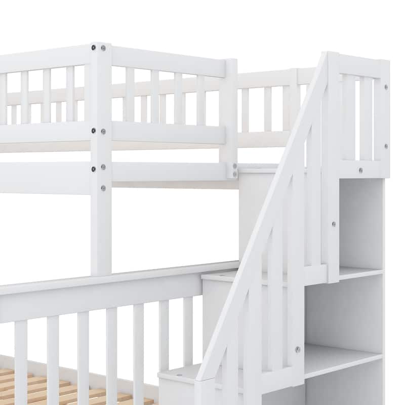 Solid Pinewood Bunk Bed Frame with Trundle Bed and Storage Staircase