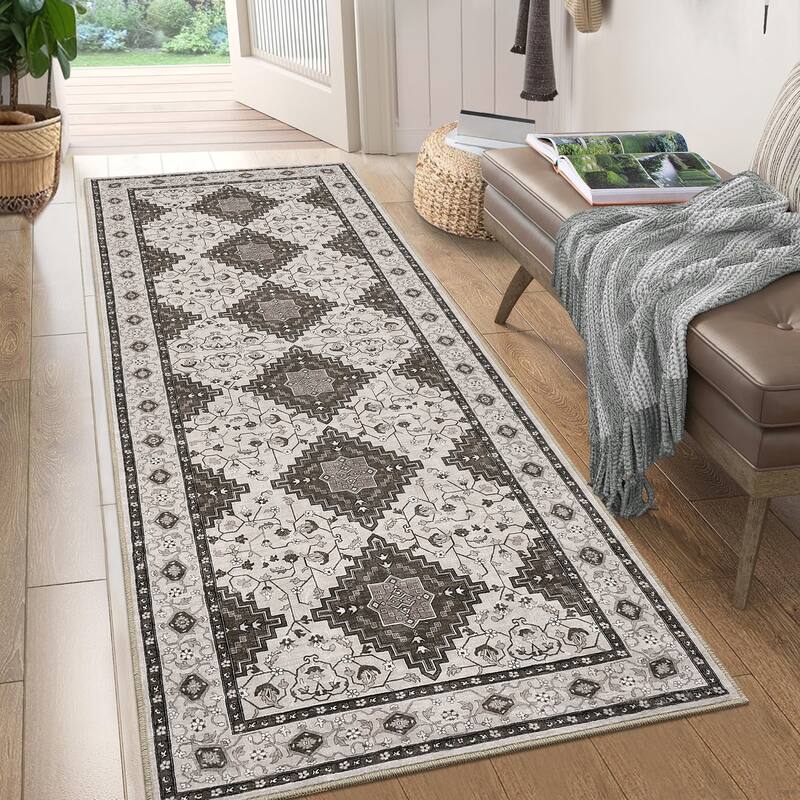 Washable Area Rug Vintage Boho Rug Low Pile Non-Slip Area Rugs Soft Foldable Indoor Carpet - 2'x6' - Brown