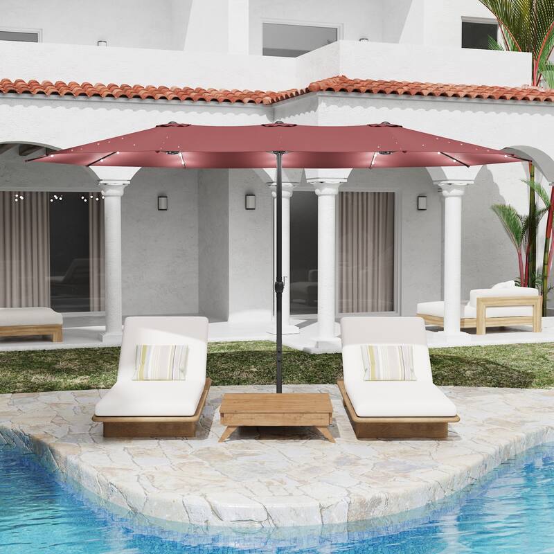 15ft Solar LED Double Patio Umbrella with Base, Extra Large Twin Outdoor Market Umbrella with 36 Lights, 180g Polyester Canopy