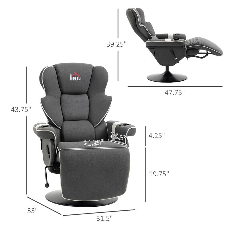 Manual Swivel Recliner Chair Linen Upholstered Lounge Chair with Adjustable Backrest, Footrest and Dual Cup Holders