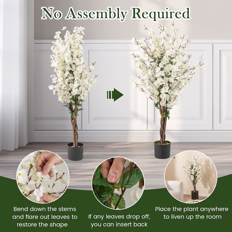 Gymax 2PCS 47'' Artificial Winter Sweet Tree Faux Plum Blossom Plant