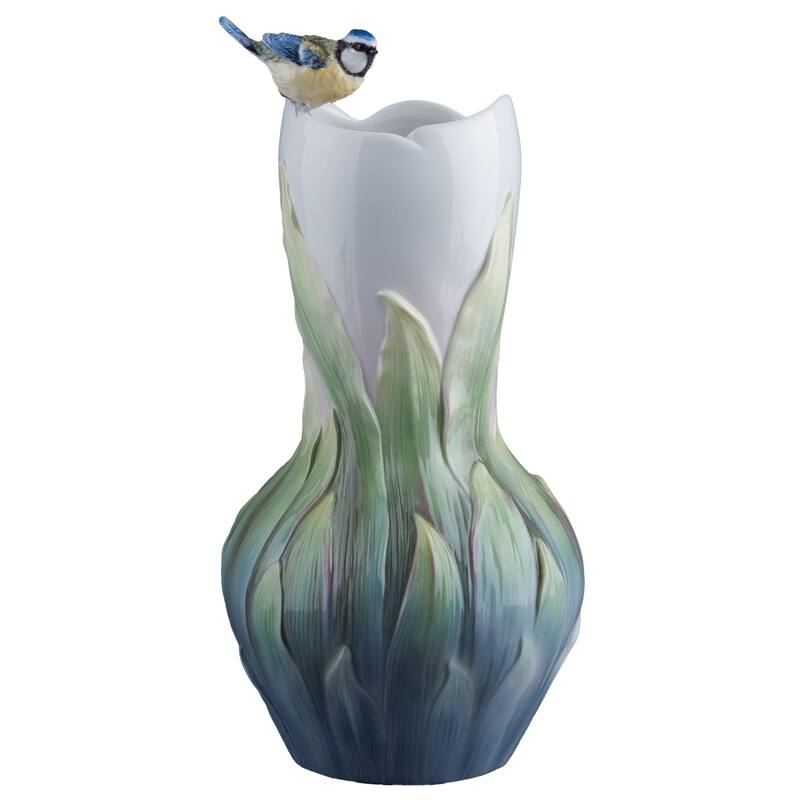 Charis 12.2" height Pleione & Blue Tit Vase multicolor Fine Porcelain