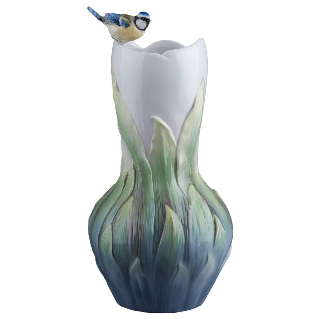Charis 12.2" height Pleione & Blue Tit Vase multicolor Fine Porcelain
