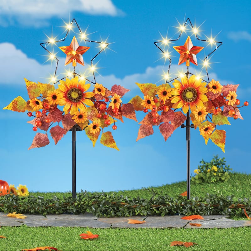 Solar Powered Autumn Star Floral Garden Stakes - Set of 2 - 32 x 25.25 x 4 - Orange - 32 x 25.25 x 4 - Polyester