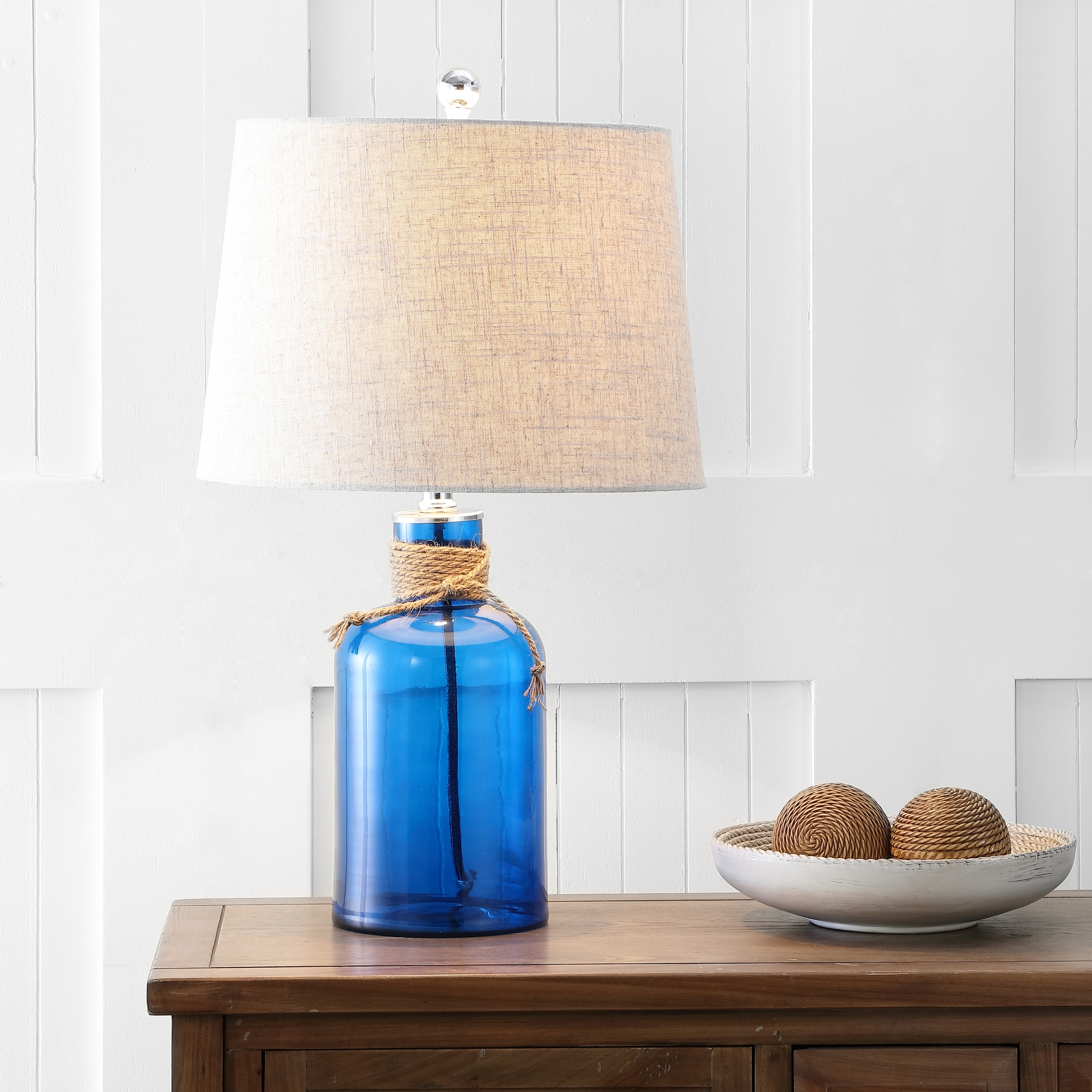 JONATHAN Y Monkey's 23.5" Glass Bottle LED Table Lamp, Cobalt/Natural
