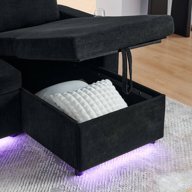 Pull Out Sleeper Sofa Bed Chenille L-shaped Sectional Couch with Storage Chaise, Retractable Table, LED, USB and Cup Holders