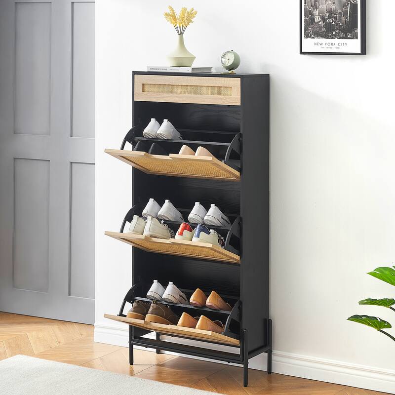 Rattan Storage Cabinet with 3 Flip Drawers