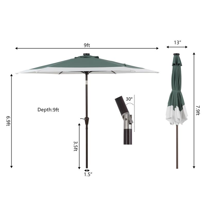 Sidney 9 ft. 2-Tone Solar LED Market Patio Umbrella with 12 LED Strip Lights, Auto-Tilt, Crank and UV Protection, by JONATHAN Y