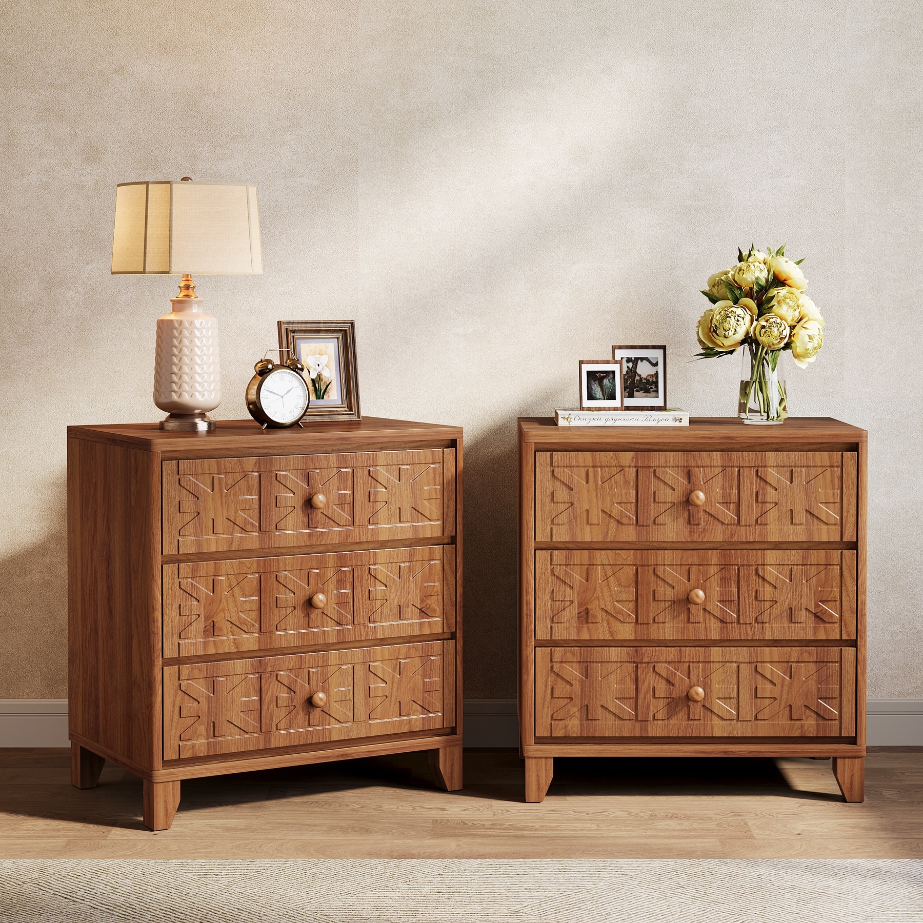 Nightstand Bedside Table with 3 Drawers and Elegant Patterns