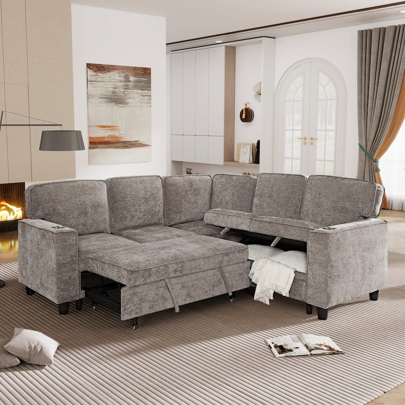 5-Seat Chenille Storage Sectional Sofa Sleeper Couch with Pull-Out Bed - Light Brown