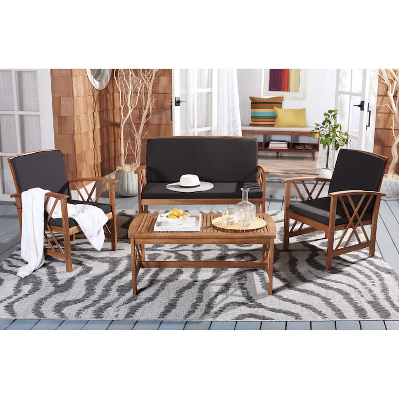 SAFAVIEH Outdoor Fontana 4-piece Acacia Wood Patio Conversation Set - Oil Finish/ Black Cushions