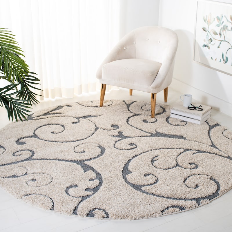 SAFAVIEH Florida Shag Shahin Scroll 1.2-inch Thick Textured Rug - 6'7" x  6'7" - Beige/Blue Grey - Runner/Round