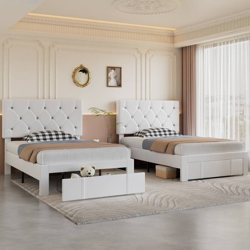 Javlergo 2-Piece Twin Bed Frame Set 39.4-45.3" Adjustable Height PU Leather Headboard with Diamond Embellishment Storage Drawer