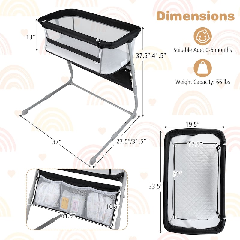 Gymax Bedside Crib w/ Mattress 5-Level Adjustable Height Protective