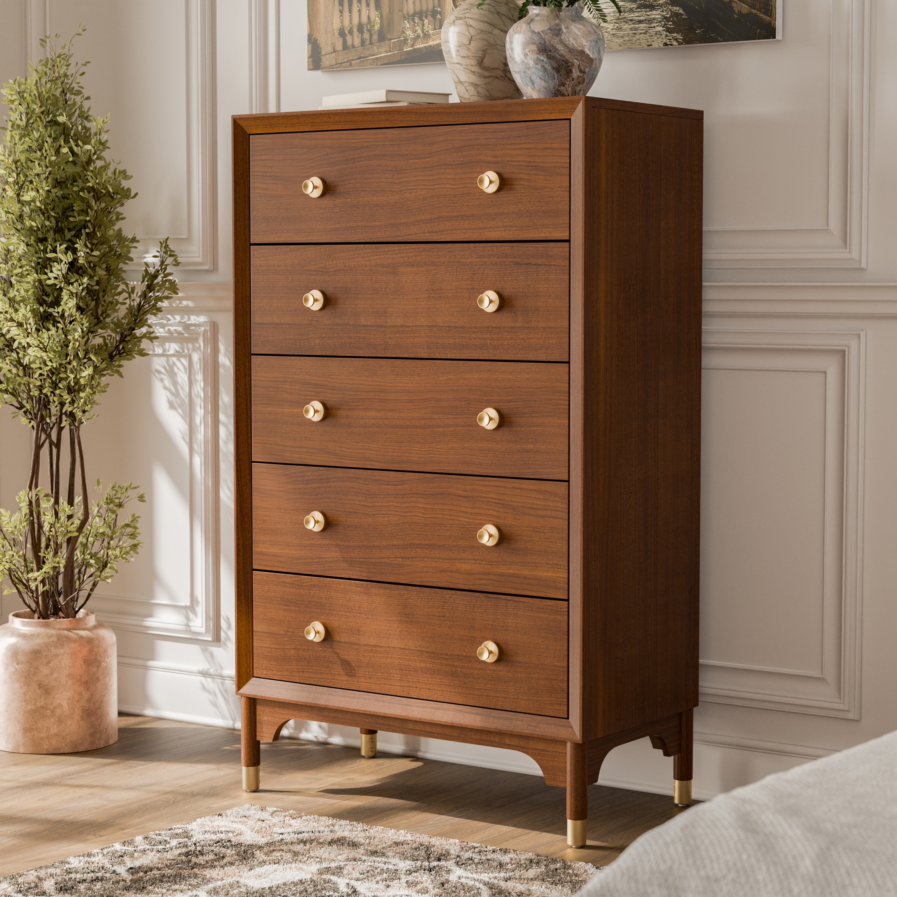Furniture of America Forma Mid-Century Modern Walnut Solid Wood 5-Drawer Storage Chest