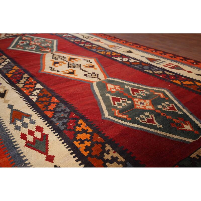 Kilim Qashqai Persian Vintage Rug Hand-Woven Tribal Red Wool Carpet - 4'9"x 8'11"