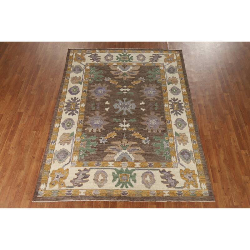 Hand Knotted Oriental 100% Wool Carpet Transitional All-Over Brown Oushak Area Rug - 8' 9'' X 6' 4''
