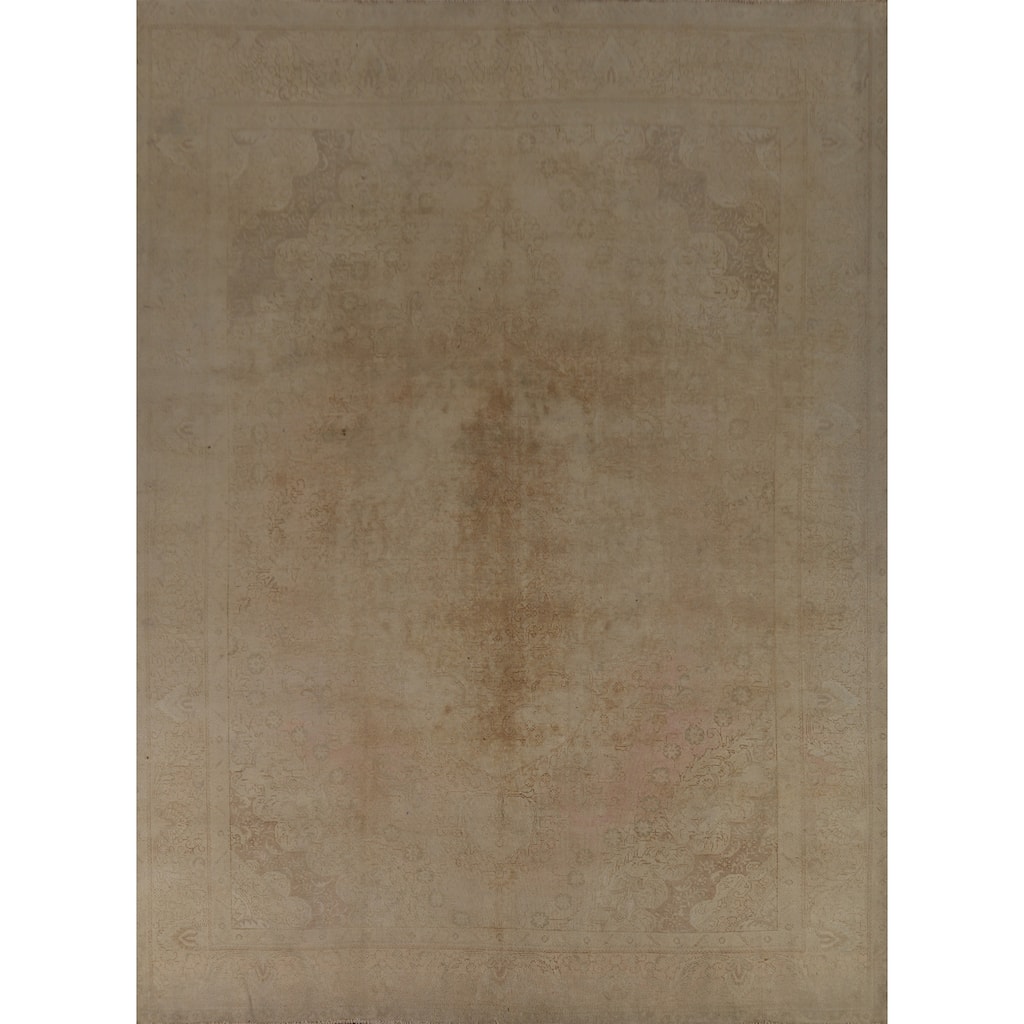 Pink & Gold Beige Tabriz Persian Vintage Rug Handmade Wool Carpet - 10'0" x 13'0"