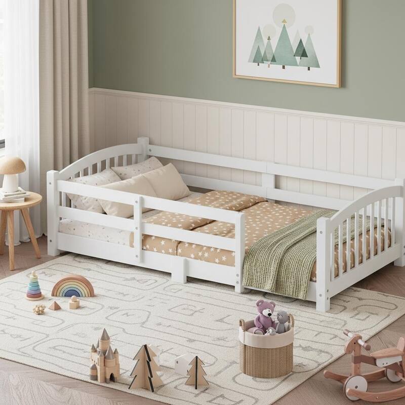Montessori Solid Pine Floor Bed with Full-Length Safety Fence & Slatted Base by Harper&Bright Designs - White - Twin