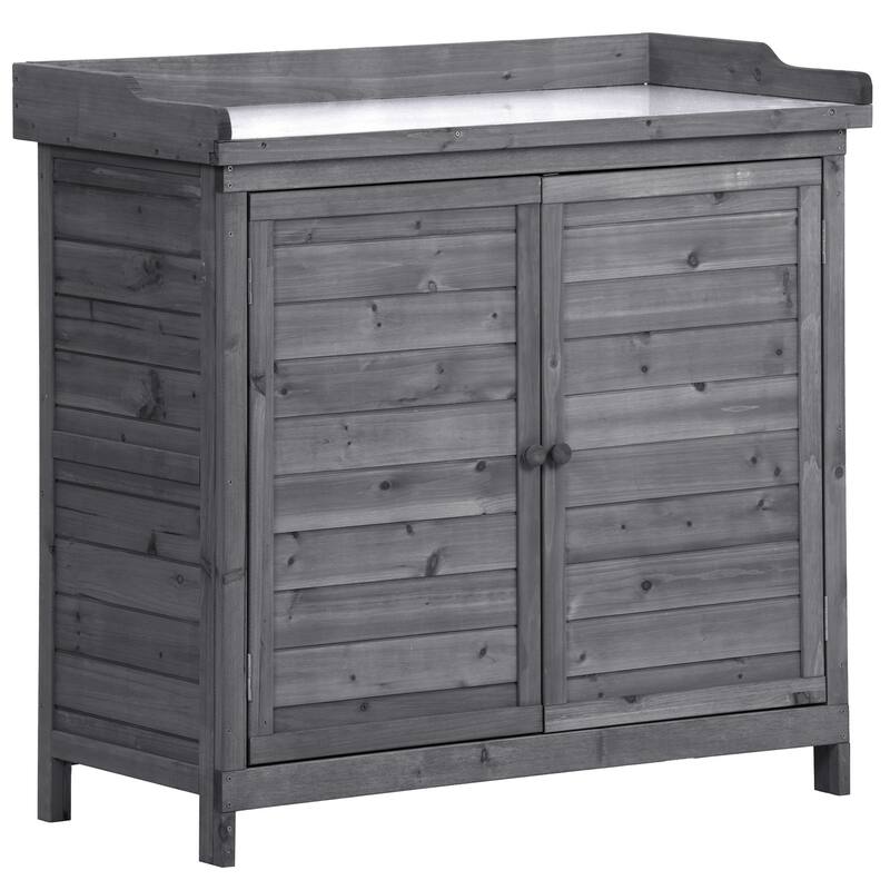 Outdoor Potting Bench Table Wood Workstation Storage Cabinet with Hook