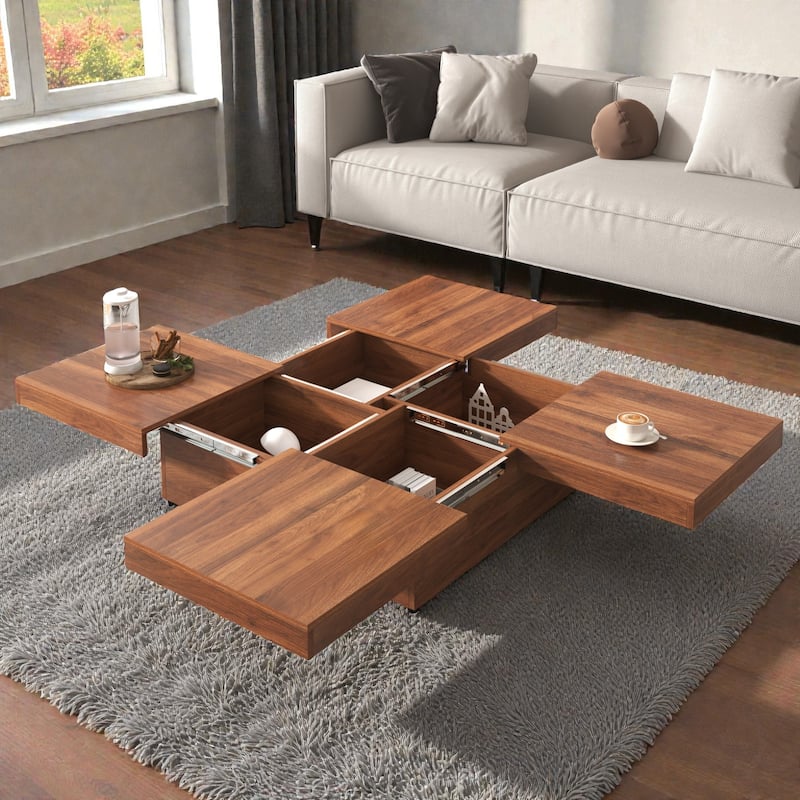 Square Sliding Top Coffee Table with Storage, Modern Veneer Wood Coffee Table, Hidden Storage Center Table