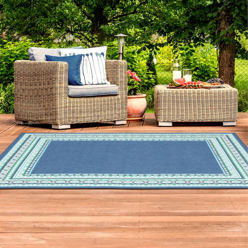 Style Haven Martinque Green Bordered Navy Indoor/ Outdoor Area Rug~ - 3'7" x 5'6" - Navy/Green
