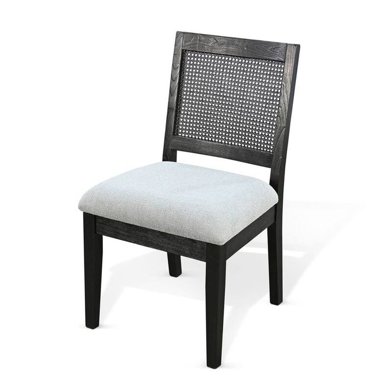 Zemi Dining Chair Set of 2, Rattan Back, Beige Seat, Black Solid Wood