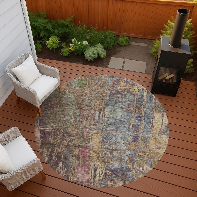 Machine Washable Indoor/ Outdoor Abstract Modern Chantille Rug - Brown - 8' x 8'