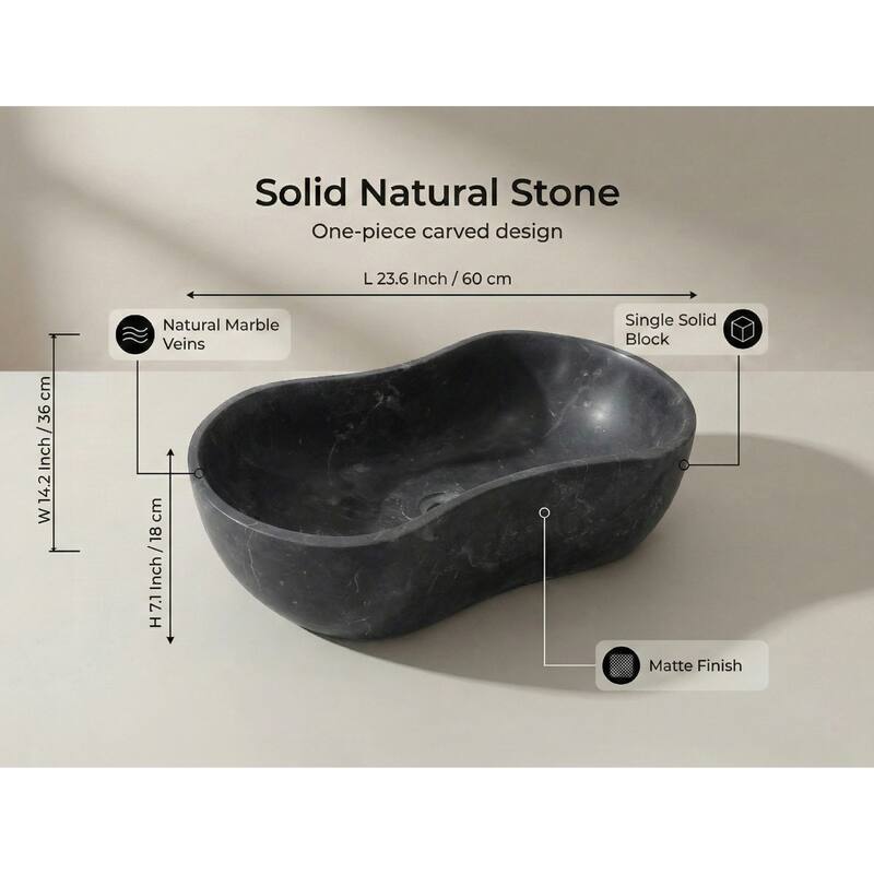 Roomfitters Marble Bathroom Vessel Sink, Natural Stone Countertop Wash Basin, Organic Wavy Vanity Bowl, Matte Finish, Dark Grey