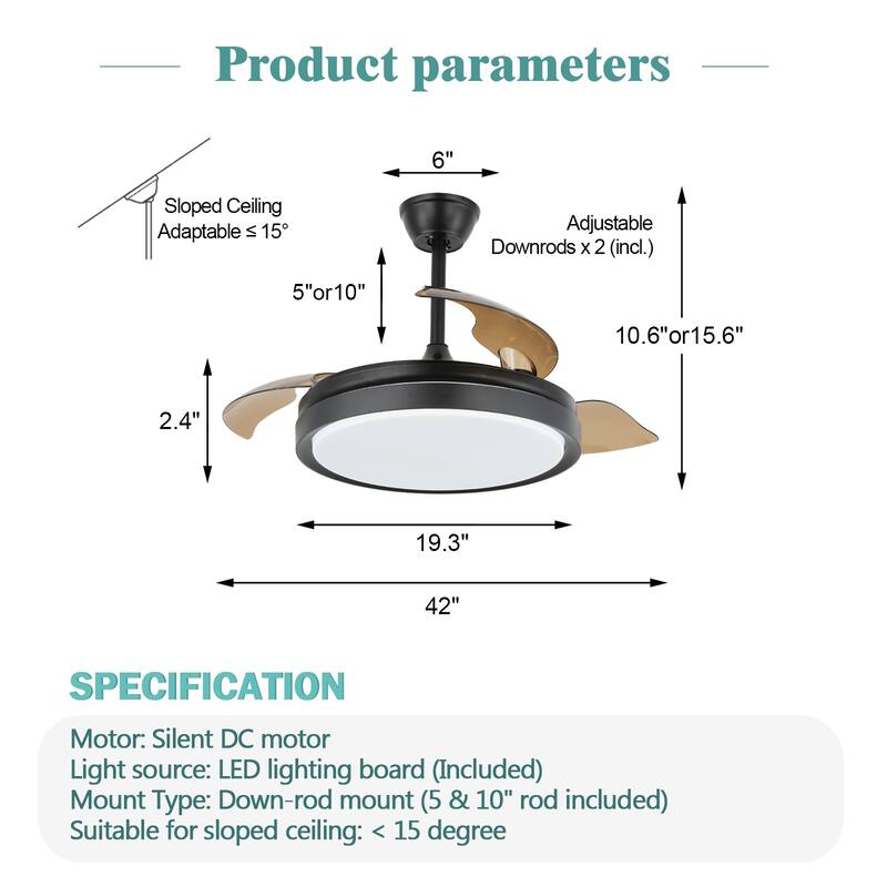 Cusp Barn 42-In Retractable Ceiling Fan with Remote Control Modern 3-Blade CCT LED Dimmable Lighting