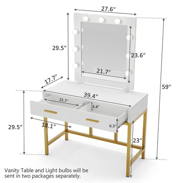 vanity Table Dressing Table with Lighted Mirror and 2 Drawers - White ...