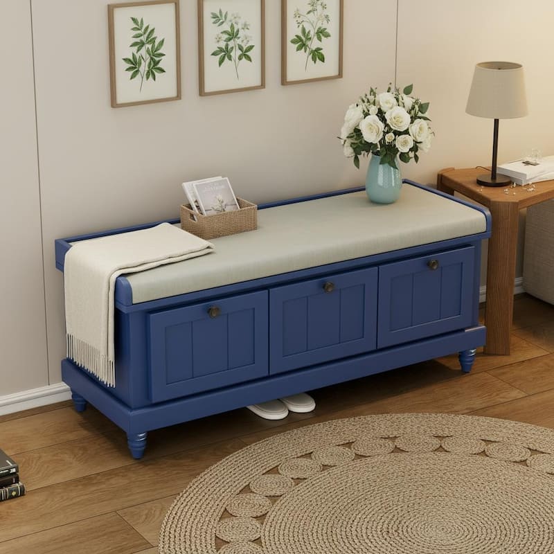 Classic Fluted Shoe Bench with Cushioned Top & Three Drawers by Harper&Bright Designs
