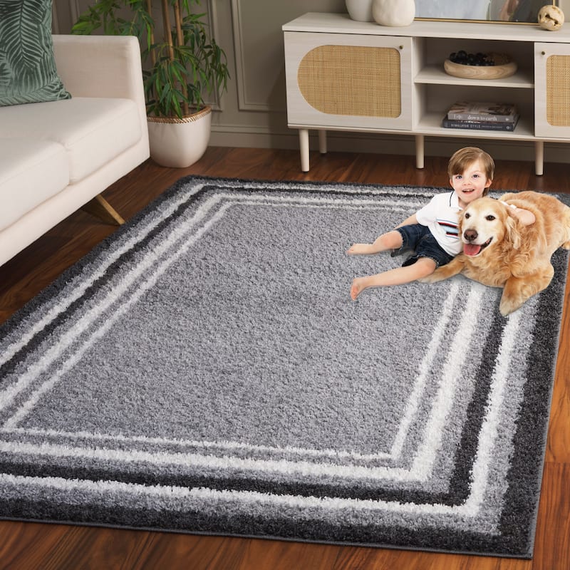 SAFAVIEH Border & Stripe Shag Rigoberta Modern 1.4-inch Thick - 2'2" x 8' Runner