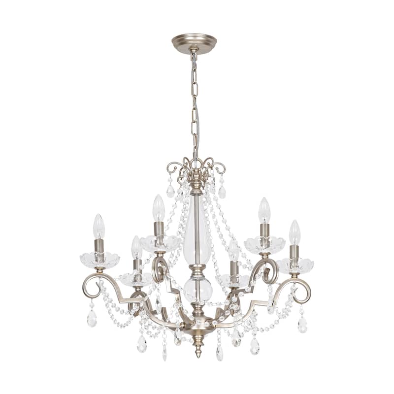25.2" W Modern Luxury Crystal Beaded 6-Light Chandelier with Vintage Silver Finish and Candle Arms