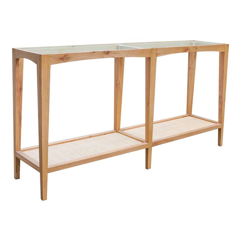 Aurelle Home Modern Glass Top Console Table w/ Rattan Shelf