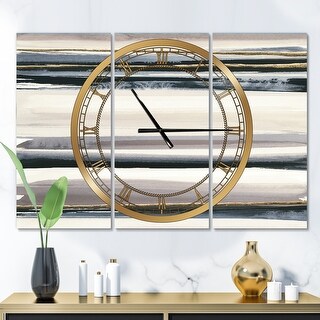 Designart 'Gold Watercolor Amethyst II' Glam 3 Panels Large Wall CLock - 36 in. wide x 28 in. high - 3 panels