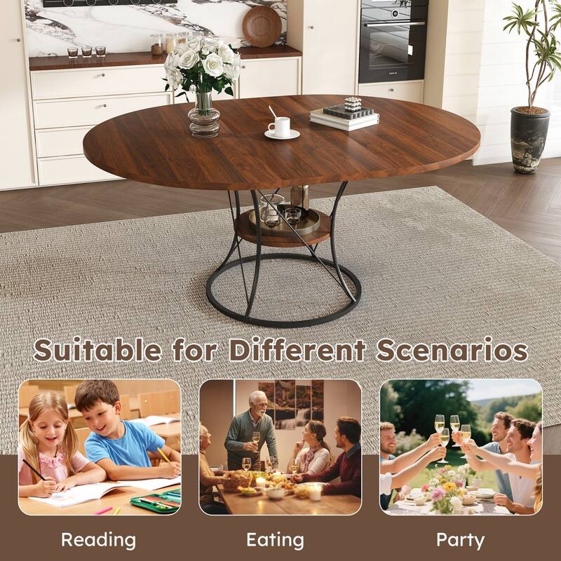 43.31" Round Extendable Wooden Dining Table with Storage Shelf and Metal Base
