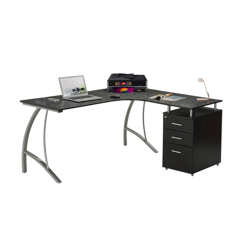 Contemporary L-Shaped Desk with Built-in Storage Cabinet, File Drawer, and Scratch-Resistant Steel Legs