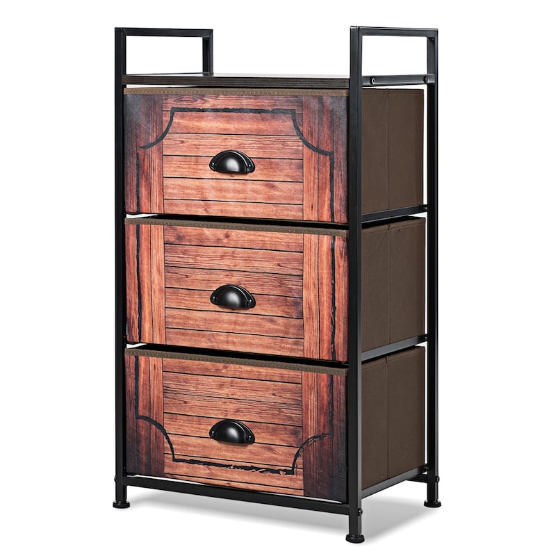 Costway 3 Drawer Fabric Dresser Storage Tower Nightstand Sturdy Steel - Brown - 3-drawer