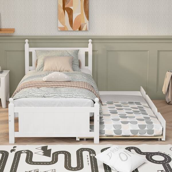 slide 2 of 7, White Twin Size Platform Bed Frame with Pull-out Trundle White with Trundle - Twin