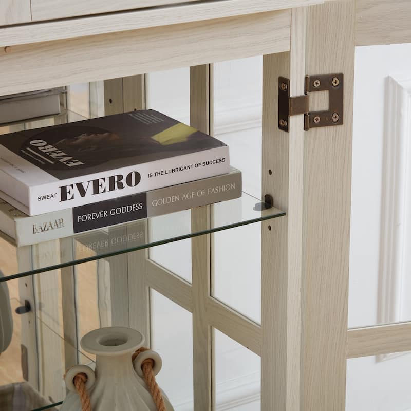 Antique Curio Display Cabinet with Glass Doors, 4 Door Vintage Showcase with Adjustable Shelves and Light