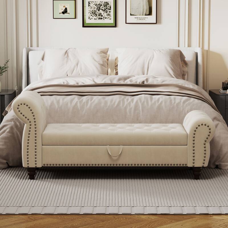 Tufted Upholstery Storage Bench with Nailheads - Beige