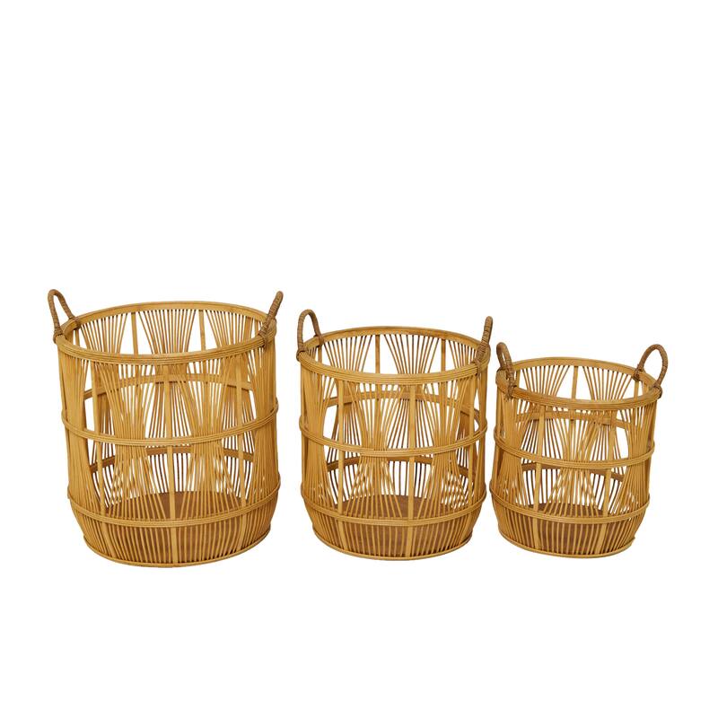 Brown Wood Handmade Storage Basket with Handles (Set of 3) - 19", 17", 15"H