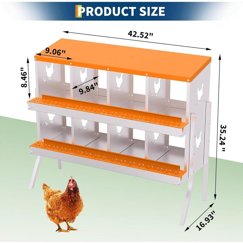 8 Compartment Metal Chicken Nesting Box, Laying Box for Hens Ducks Rabbits, Orange