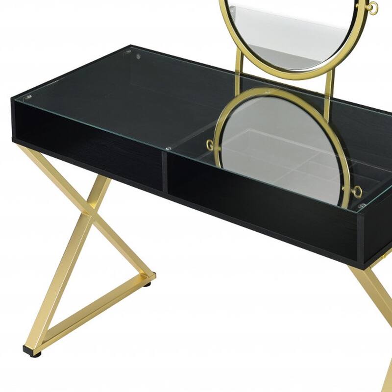 Black Gold Wood Modern Mirrored Dresser with 2 Drawers and Vanity Mirror - 42” L x 19"W x 49" H