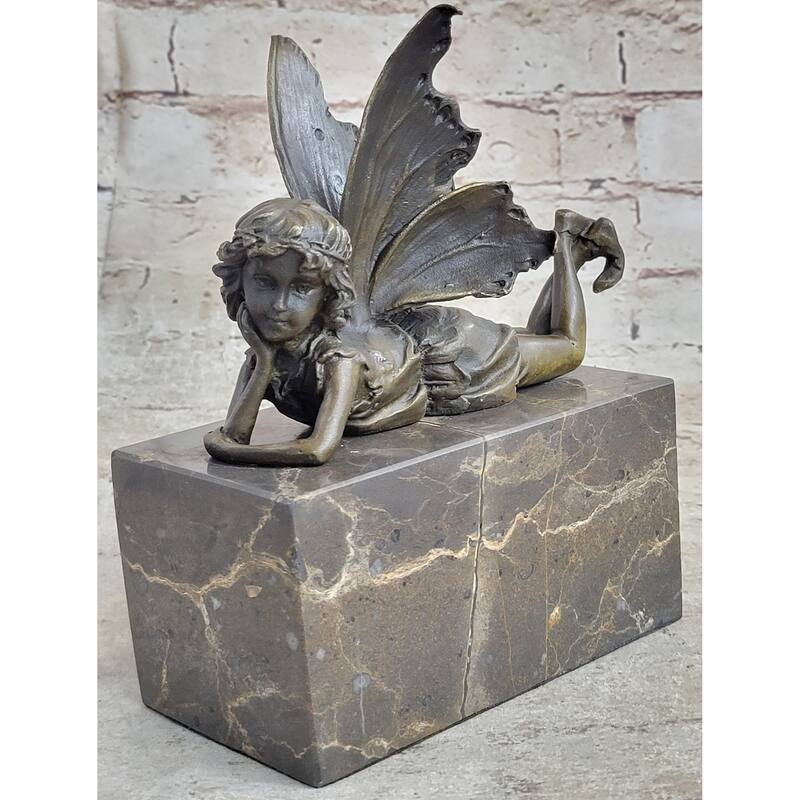 Fairy Child Young Girl Laying Down In Thought Bronze Metal Figure Statue Sculpture Marble Base