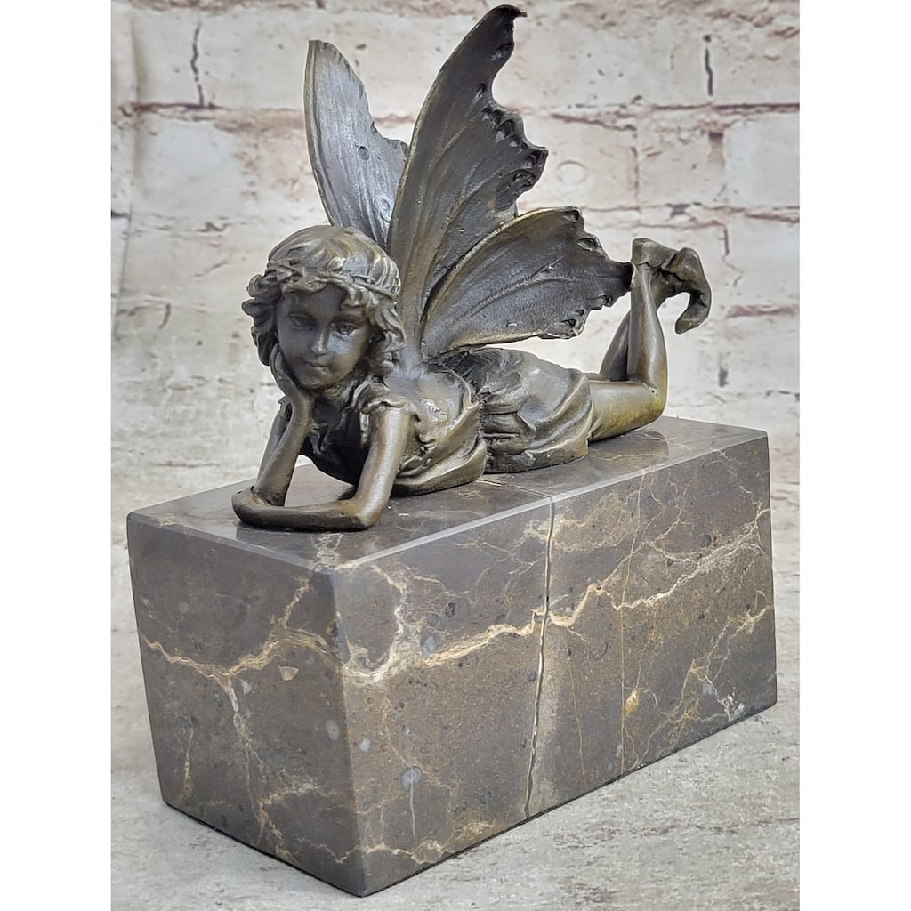 Fairy Child Young Girl Laying Down In Thought Bronze Metal Figure Statue Sculpture Marble Base