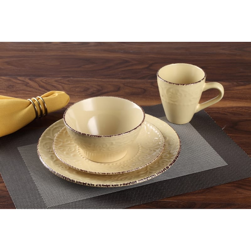 Lorren Home Trends Yellow Scroll Stoneware 16-piece Dinnerware Set